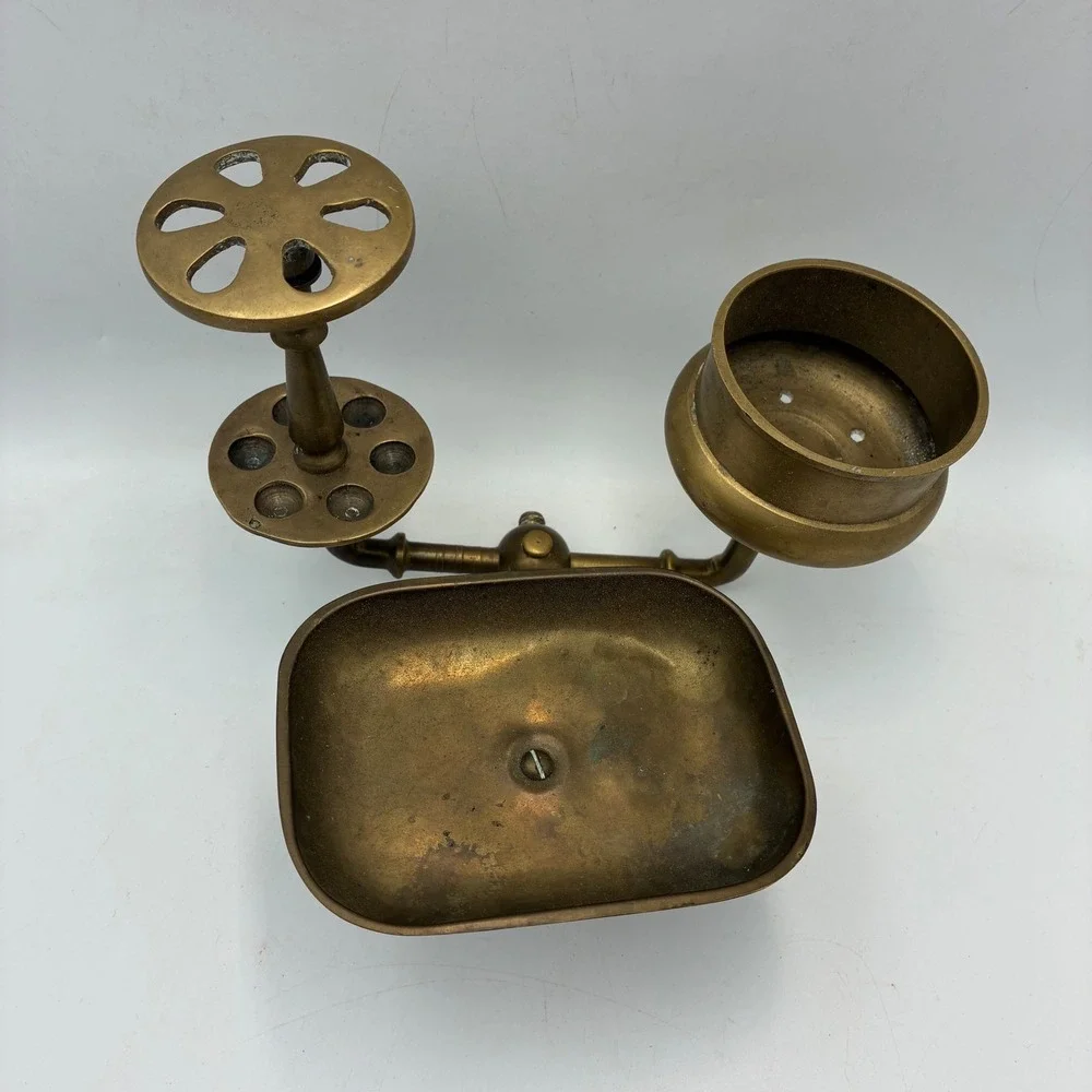 Vintage Solid Brass Wall Mount Bathroom Organizer Soap Dish Toothbrush Holder